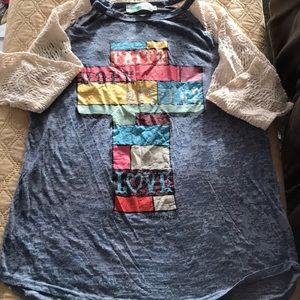 Burnout baseball style top with lace sleeves